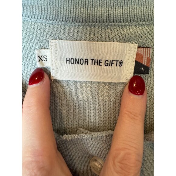 Honor The Gift Sweater Women XS Blue Gray Knit Monogram Short Sleeve Polo Preppy - Picture 8 of 12